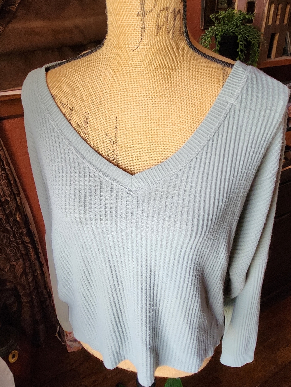 Women’s Light Green V-Neck Waffle Knit Sweater
